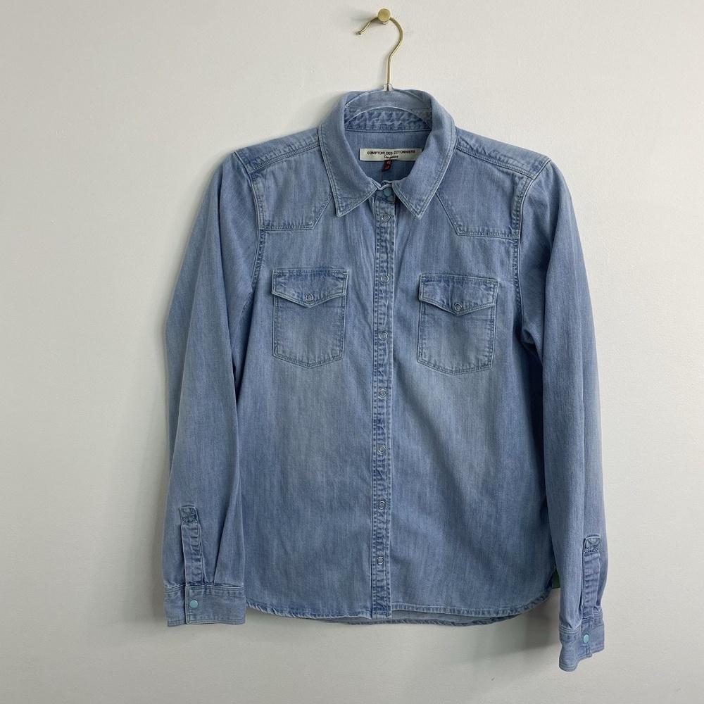 Comptoir des Cotonniers Women Chambray Blue Snap Button-Down Shirt Sz FR 42 US M